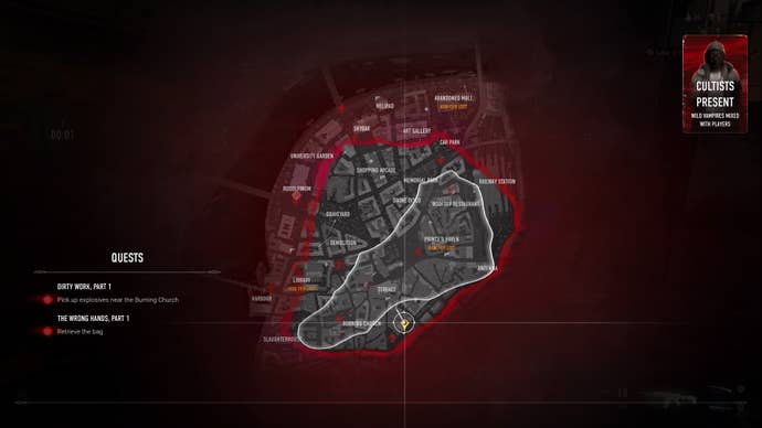 The map location for the explosives, part of the Dirty Work quest.