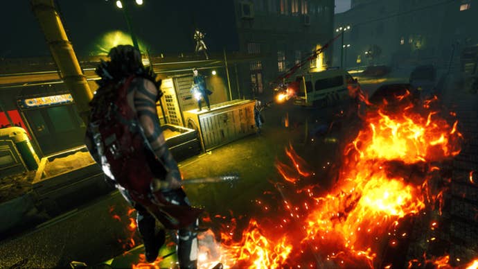 Vampires on a street with fire nearby in Bloodhunt (summer update)
