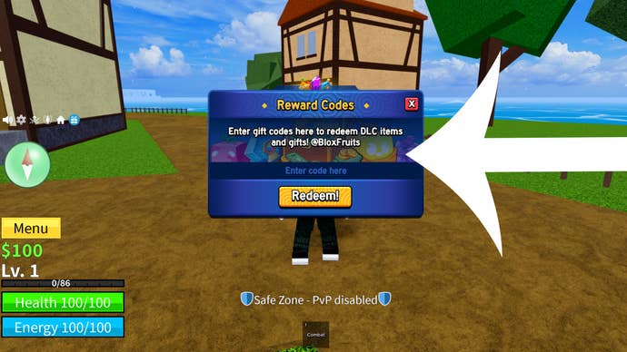 Стрелка указывает на меню кодов в Blox Fruits.