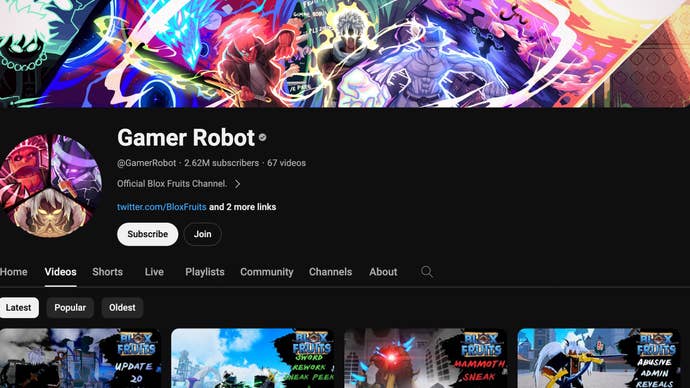 YouTube-канал популярной игры Roblox Blox Fruits.