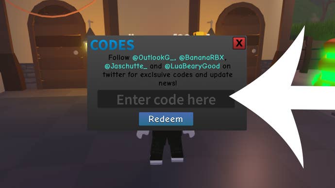 Arrow pointing at the menu used to redeem codes in Blox Royale.