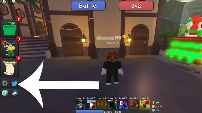 Arrow pointing at the button players need to press to redeem a code in Blox Royale.