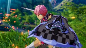A pink-haired Blade Warden raises her shield in Blue Protocol.