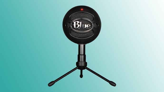 Image of an Blue Snowball iCE microphone on a blue to white gradient background.