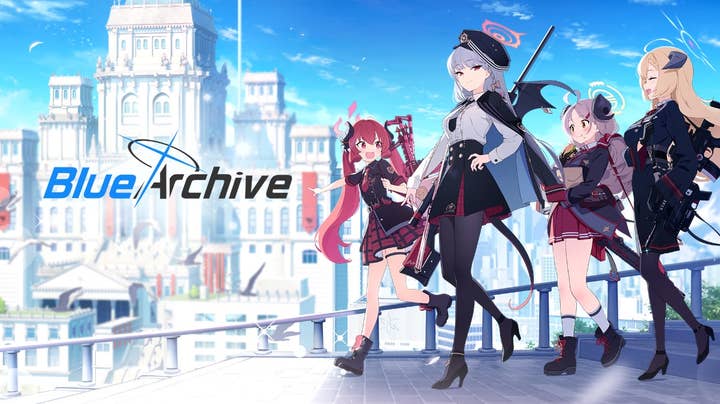 Promo art for Blue Archive showing four anime-styled girls in skirts with guns