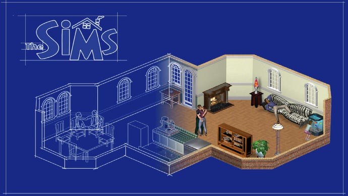 Promotional art for the original The Sims showing a house blueprint fading into an in-game render, demonstrating the series' roots as an architectural simulator.