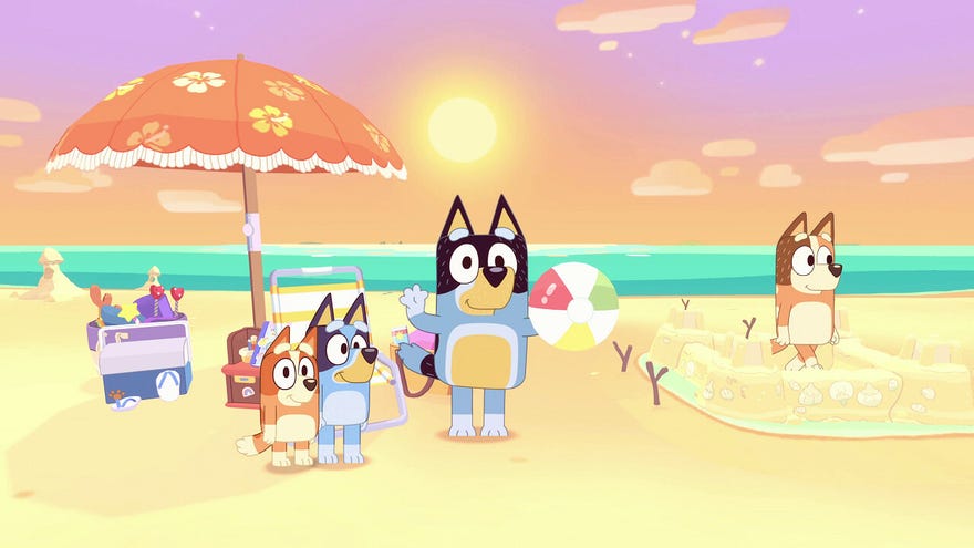 Bandit waves towards the camera on a beach alongside Chilli, Bingo and Bluey in Bluey: The Videogame.