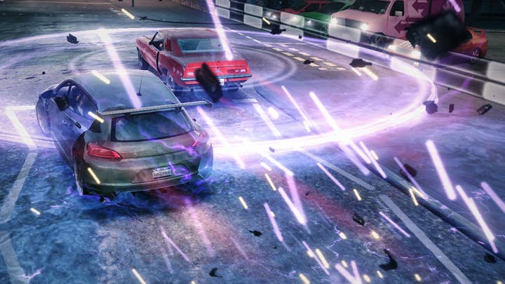 A screen from Blur with two realistic cars on the street with glowing circles and sparks surrounding them