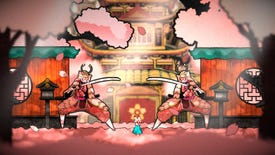 A small rabbit in a robe stands between two much larger samurai creature in front of a Japanese temple, with a lushly illustrated 2D art style with thick lines in Bo: Path Of The Teal Lotus.