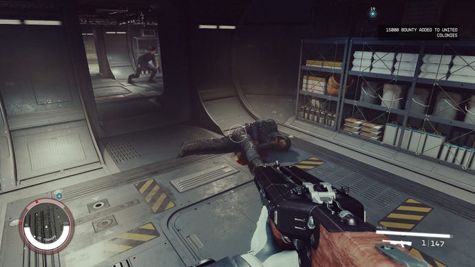 An image of a player boarding a spaceship in Starfield, with a dead crew member in the foreground and another running down a hallway behind.