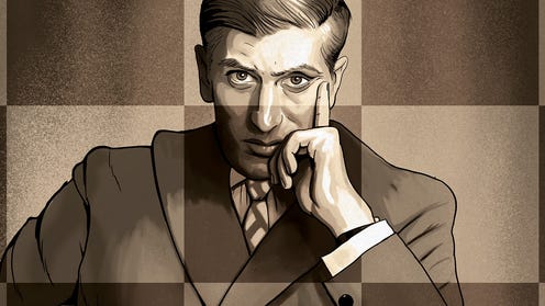 Illustration of Bobby Fisher with a chess board pattern overlaid