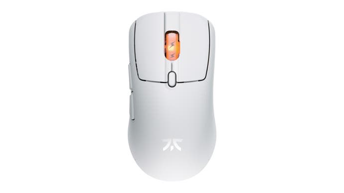 fnatic bolt is a lightweight mouse in white with an orange scroll wheel