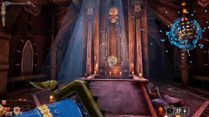 A screenshot from Warhammer 40,000: Boltgun showing the player approaching the bolter as it spins on an altar lit by god rays.
