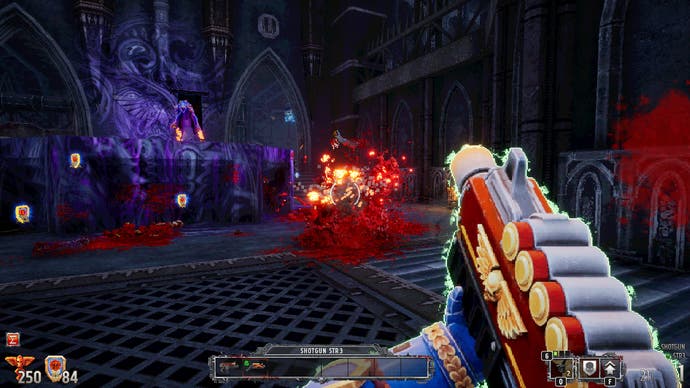 A screenshot from Warhammer 40,000: Boltgun showing the player splattering an enemy with a machine-spirit enhanced shotgun.