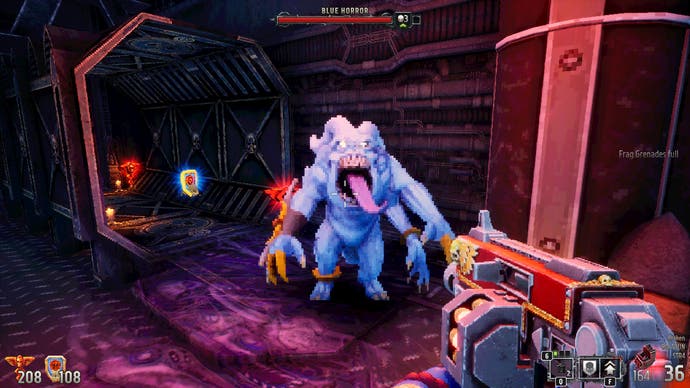 A screenshot from Warhammer 40,000: Boltgun, showing the player being approached by a Blue horror with its tongue hanging out.