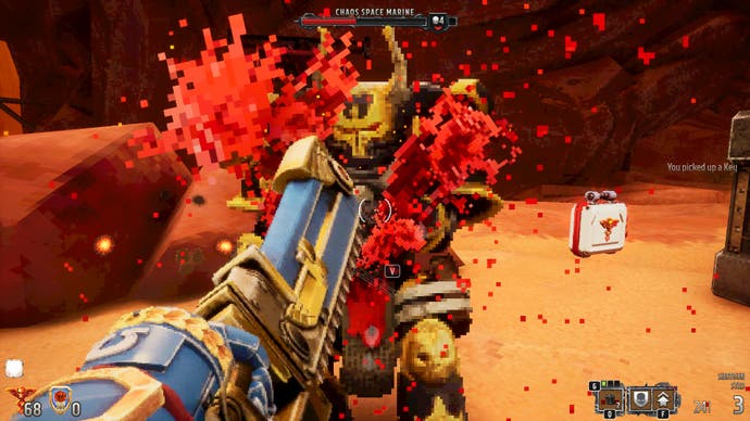 A screenshot from Warhammer 40,000: Boltgun, showing the player slicing through a Chaos Marine's armour with their chainsword.