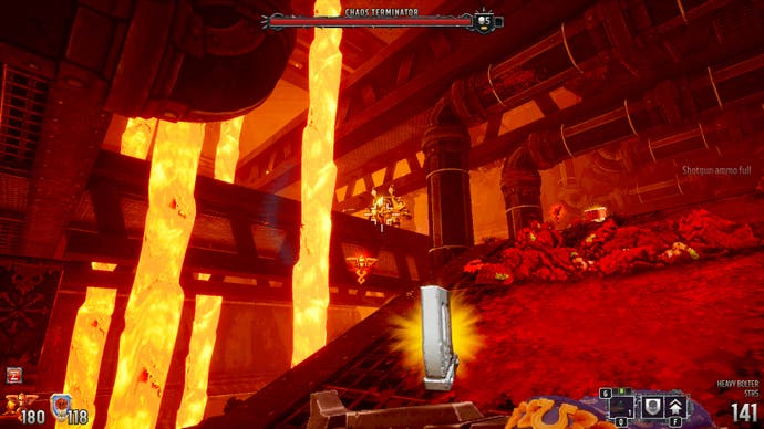 A screenshot from Warhammer 40,000: Boltgun, showing the player fighting a Chaos Terminator in an industrial environment with waterfalls of molten metal.