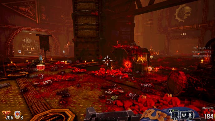 A screenshot from Warhammer 40,000: Boltgun, showing dozens of mutilated corpses in the aftermath of a battle.