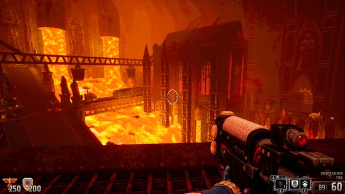 A screenshot from Warhammer 40,000: Boltgun, showing a vast, cathedral-like structure on the far side of a river of molten metal.