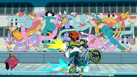 A man rides a bike past graffiti in Bomb Rush Cyberfunk