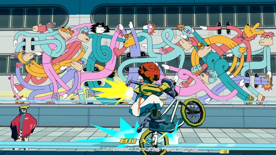 A man rides a bike past graffiti in Bomb Rush Cyberfunk
