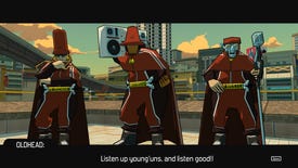 Three men in robes, sort of dressed like if the Bestie Boys were wizards, addressing the player in Bomb Rush Cyberpunk