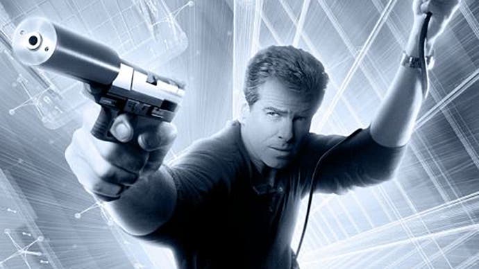 Pierce Brosnan as James Bond in a black and white image where he's holding a rope, as if dangling from it, and pointing his silenced pistol just beyond camera. I wonder if he refers to himself as Bond in the mirror.