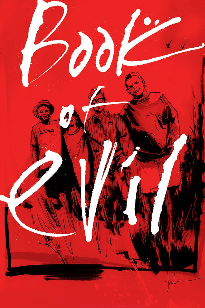 Book of Evil cover, red with characters in the background