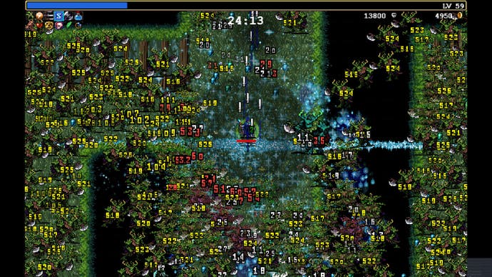 A screen filled with numbers, and beneath them, the realisation that this is actually a game. It's Vampire Survivors, and Bertie is hanging on for dear life.