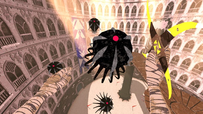 Một ảnh chụp màn hình của Boomerang X cho thấy một kẻ thù giống như mực với một con mắt đỏ phát sáng bay về phía người chơi, từ góc nhìn của người thứ nhất, đang cầm một Boomerang 4 cánh