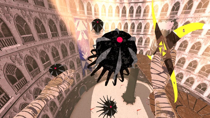 A screenshot of Boomerang X showing a squid-like enemy with a glowing red eye flying towards the player who, from a first-person perspective, is wielding a 4-pointed boomerang.