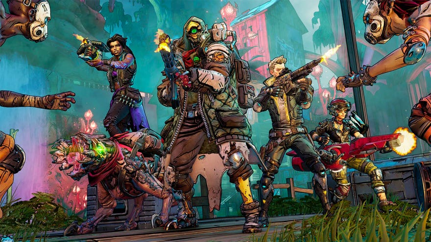 A group of gun-wielding characters band together in Borderlands 3