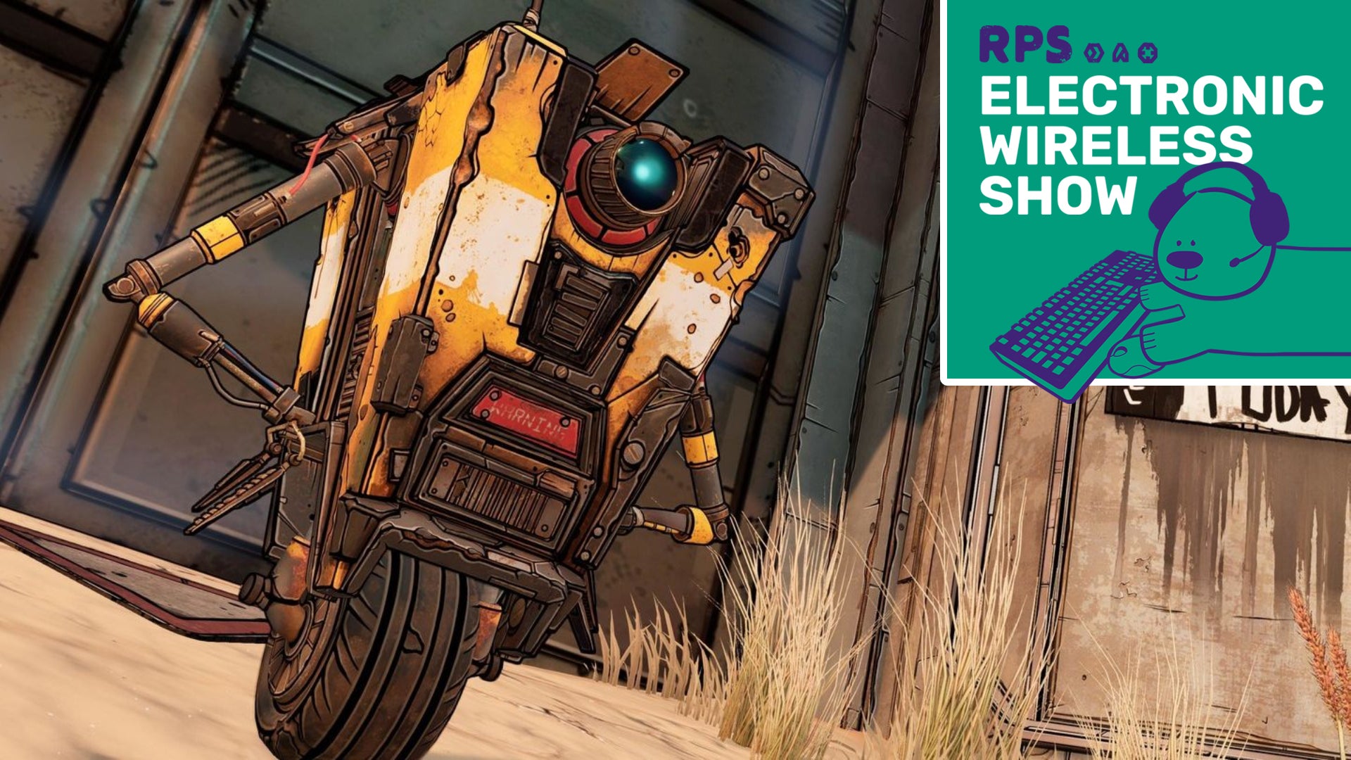 Claptrap the robot from Borderlands 3, with the electronic wireless show logo in the top right corner