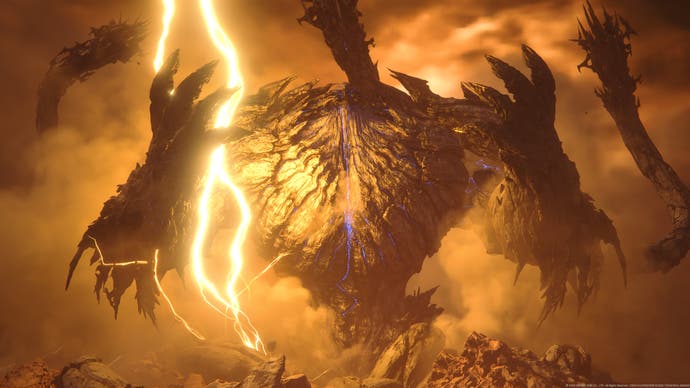 Uma cena mostrando um monstro de terra titânico da Final Fantasy 16