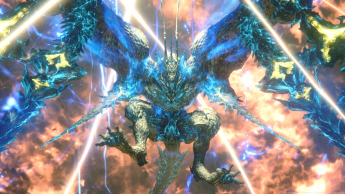 Uma cena mostrando um dragão armado com magia leve da Final Fantasy 16