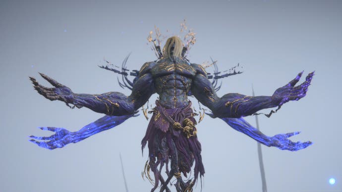 Uma cena mostrando uma entidade divina escura com quatro braços e sem pernas da Final Fantasy 16