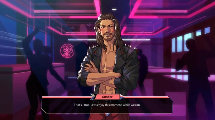 Boyfriend Dungeon - Sunder, a man in a leather jacket with long, dark hair, stands in a club and says "That's...true. Let's enjoy this moment, while we can."