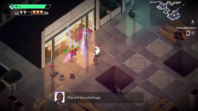 Combat in a dunj in Boyfriend Dungeon. The player, in top down view, is attacking several very large and angry flip phones