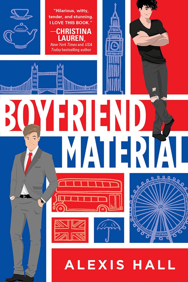 Cover of Boyfriend Material featuring illustrated London tourist areas