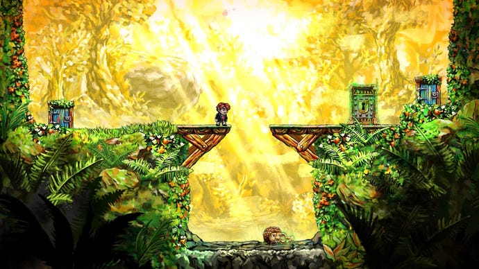 A small man in a suit looks at a monster in a chasm in Braid: Anniversary Edition