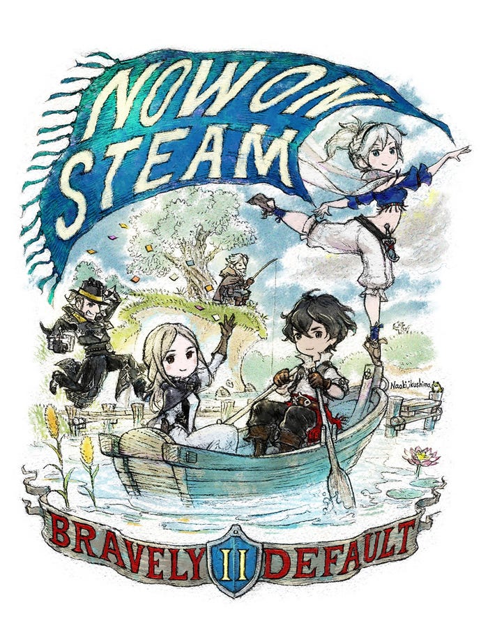 Bravely Default 2 artwork with the characters celebrating its release on Steam