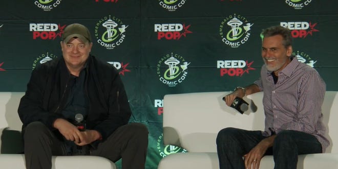 Brendan Fraser and Oded Fehr speaking on a panel at ECCC