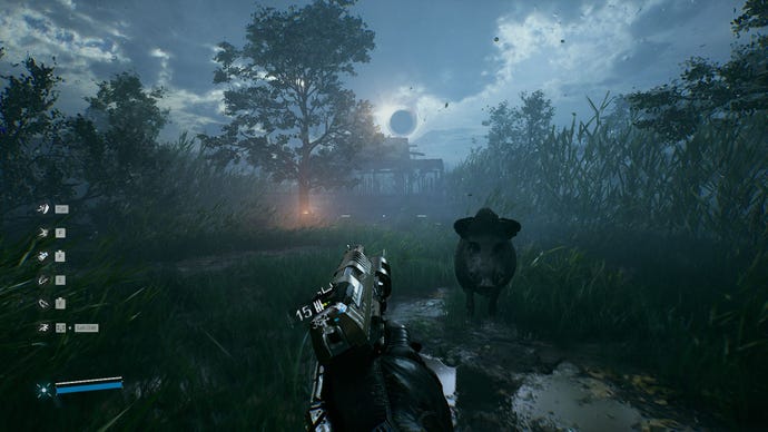 The player points a gun at a wild boar in Bright Memory Infinite