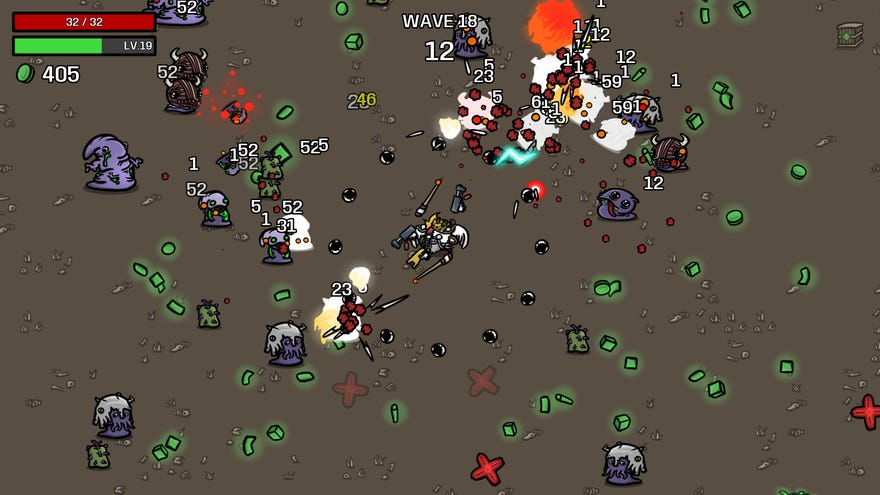 A heavily armed potato engages in violence in a Brotato demo screenshot.