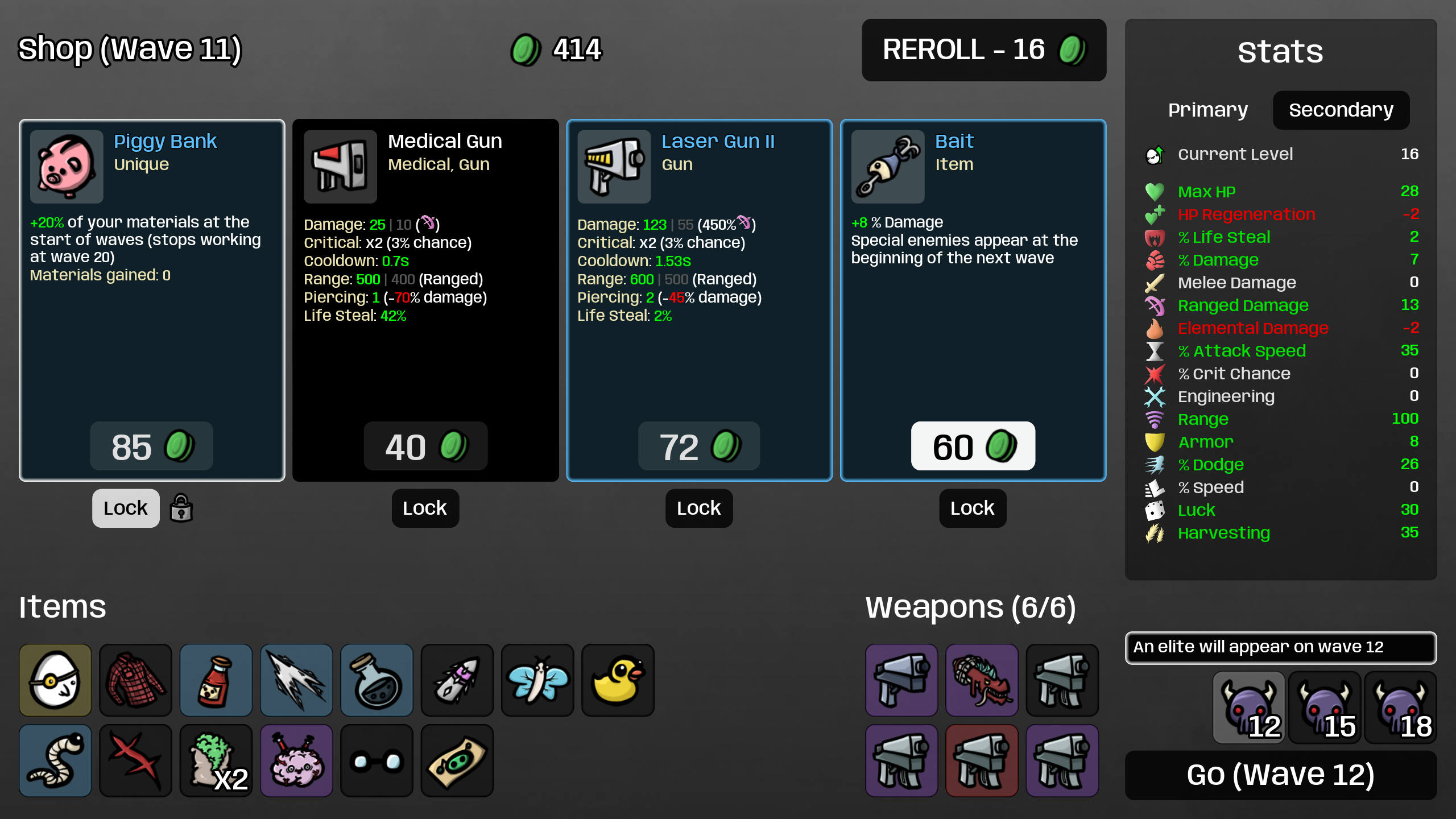 Belanja strategis di tangkapan layar Brotato.