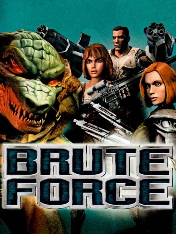 Promo art for Xbox game Brute Force, showing a man with two gatling guns for arms, a lizard person with red glowing eyes, a woman with near-shoulder-length red hair and two guns, and a woman with near-shoulder length brown hair and a rifle