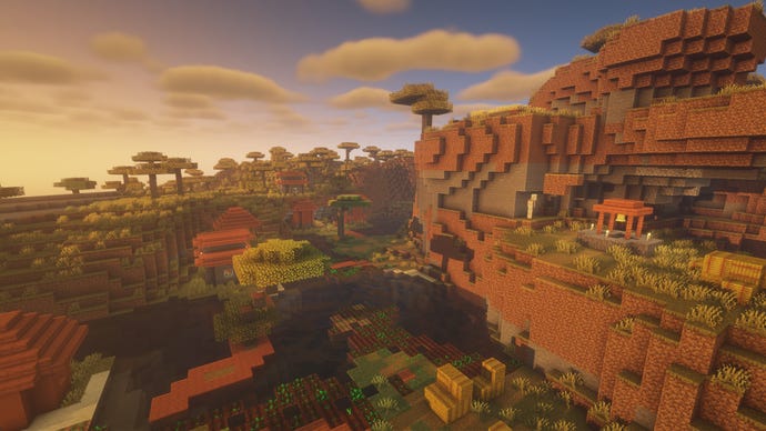 A Minecraft village on a cliffside.