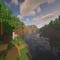 A screenshot of a river in Minecraft, with some trees on either side of the bank and a hill in the distance, taken using BSL shaders.