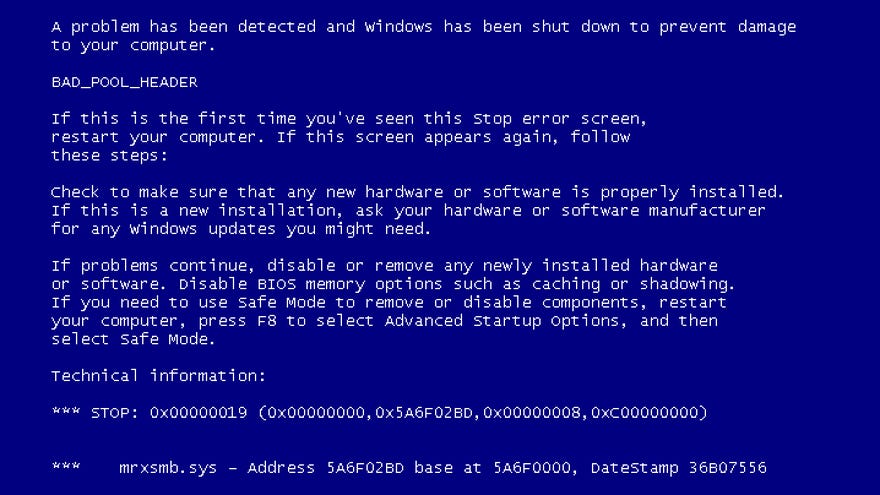 A 'blue screen of death' from Microsoft's BlueScreen Screen Saver.