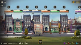 A screenshot of Buildings Have Feelings Too! showing several 2D illustrated buildings, each of which have arms and legs, standing in front of a grassy field.